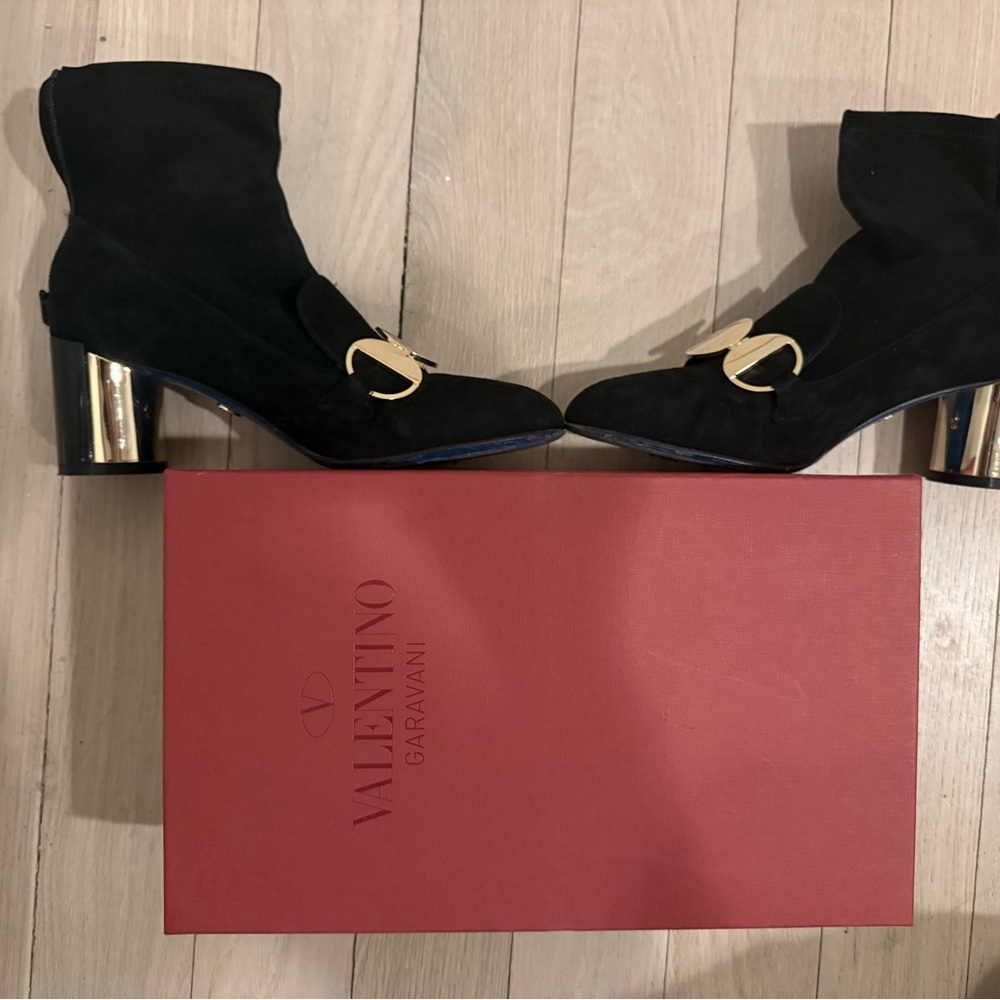 Valentino Garavani Ballerina Black Boots with Gold Accents Size 7.5